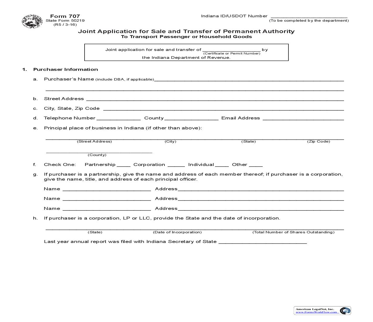 Joint Application For Sale And Transfer Of Permanent Authority To Transport Passenger Or Household Goods {707} |  | Indiana