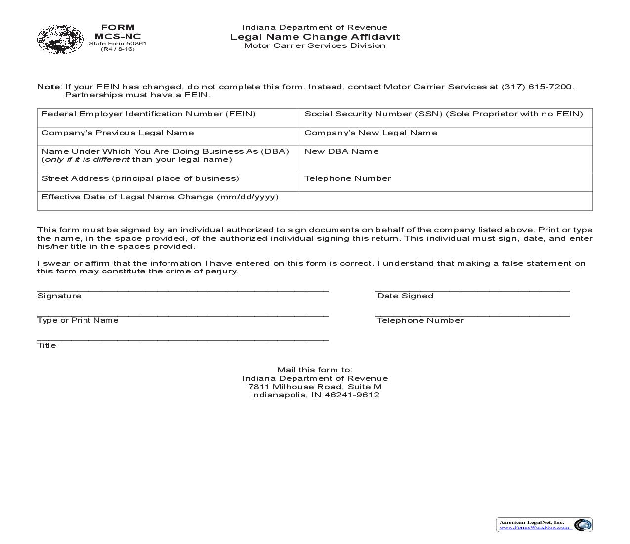 Legal Name Change Affidavit {MCS-NC} |  | Indiana