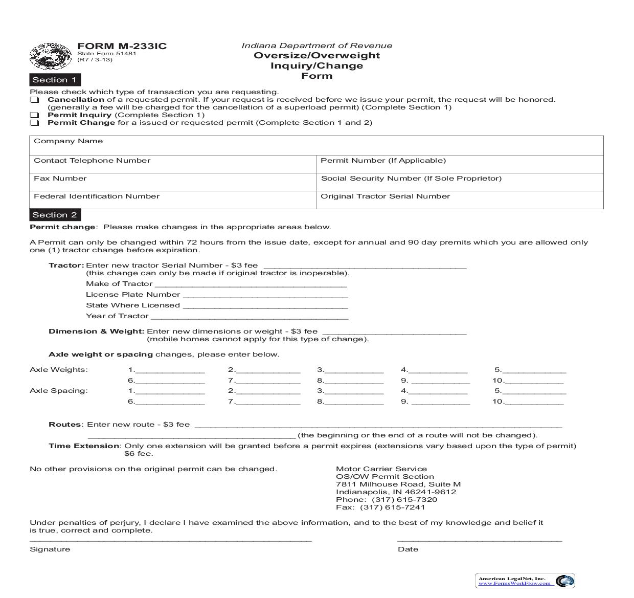 Oversize Overweight Inquiry Change {M-233IC} |  | Indiana