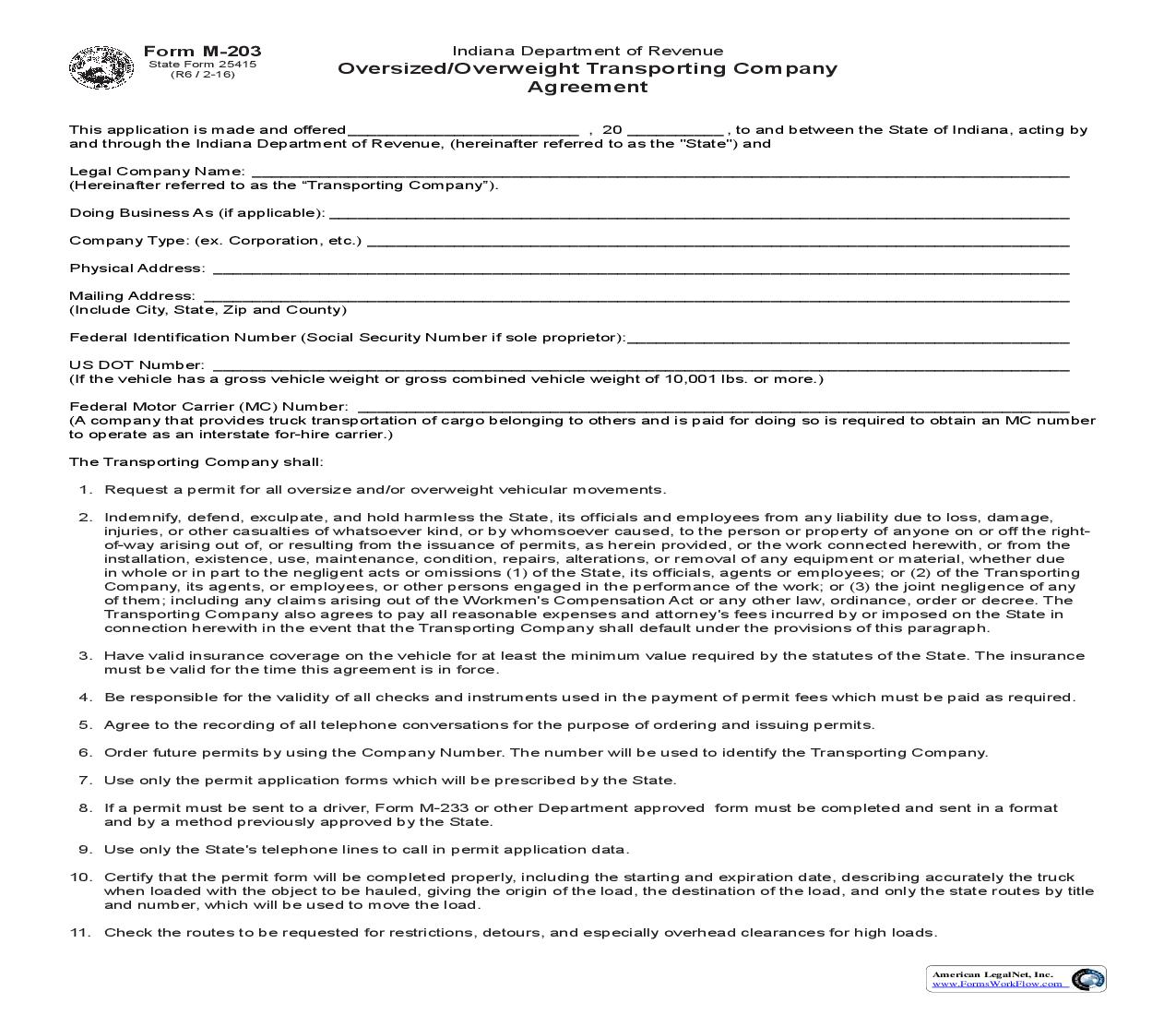 Oversized Overweight Transporting Company  Agreement {M-203} |  | Indiana