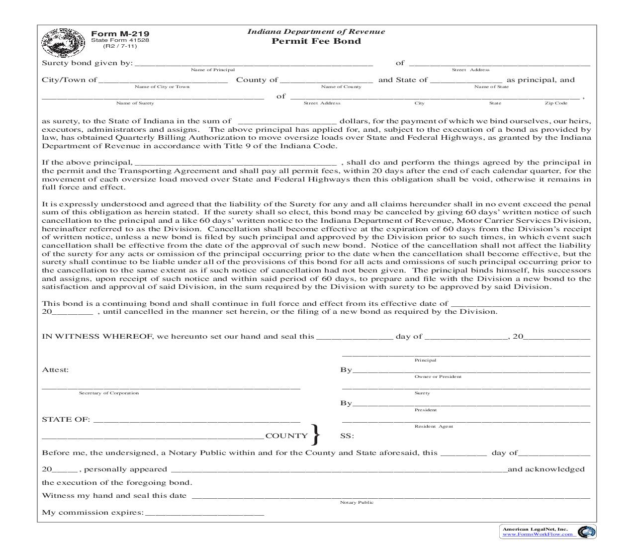 Permit Fee Bond {M-219} |  | Indiana
