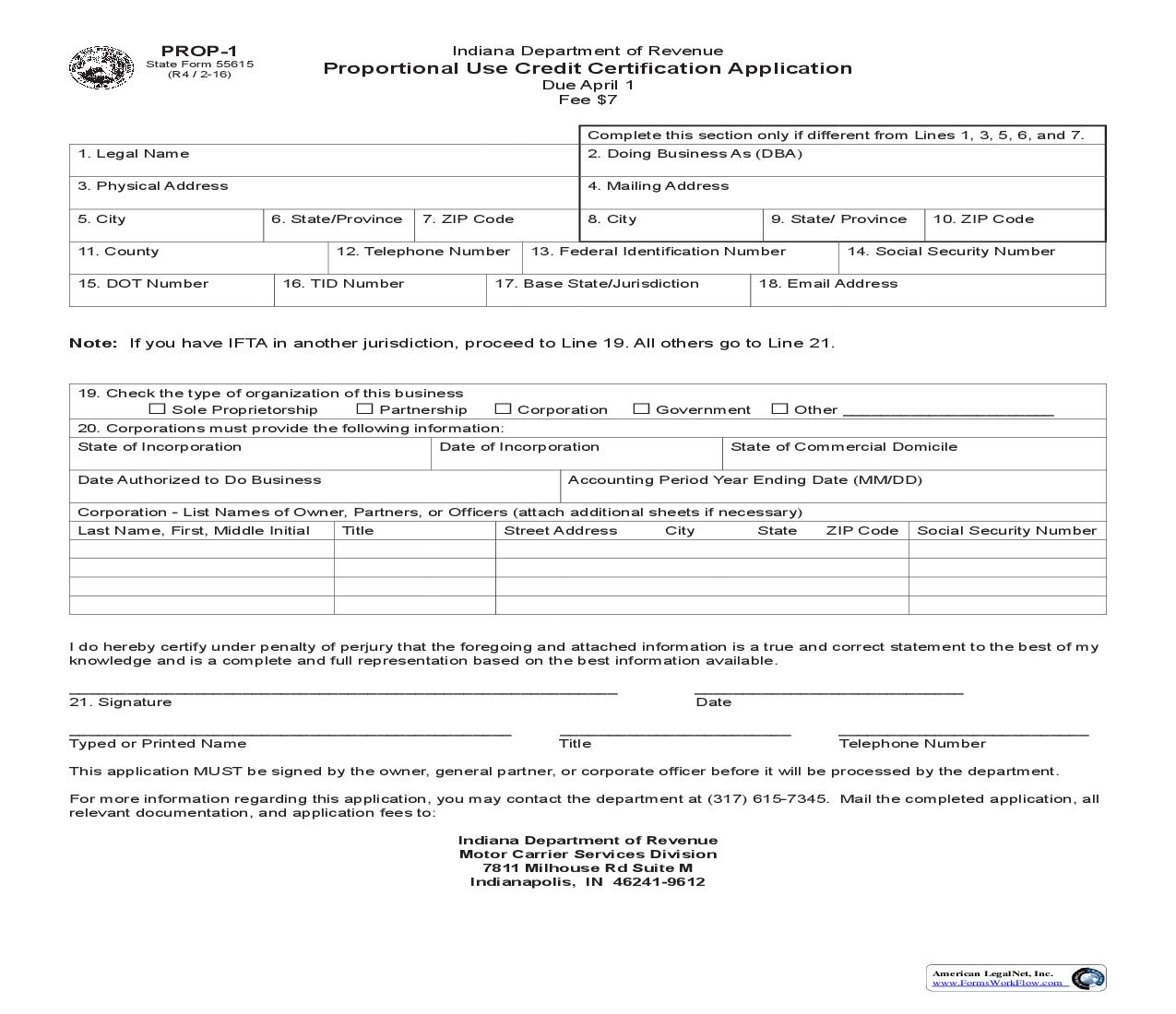Proportional Use Credit Certification Application {PROP-1} |  | Indiana