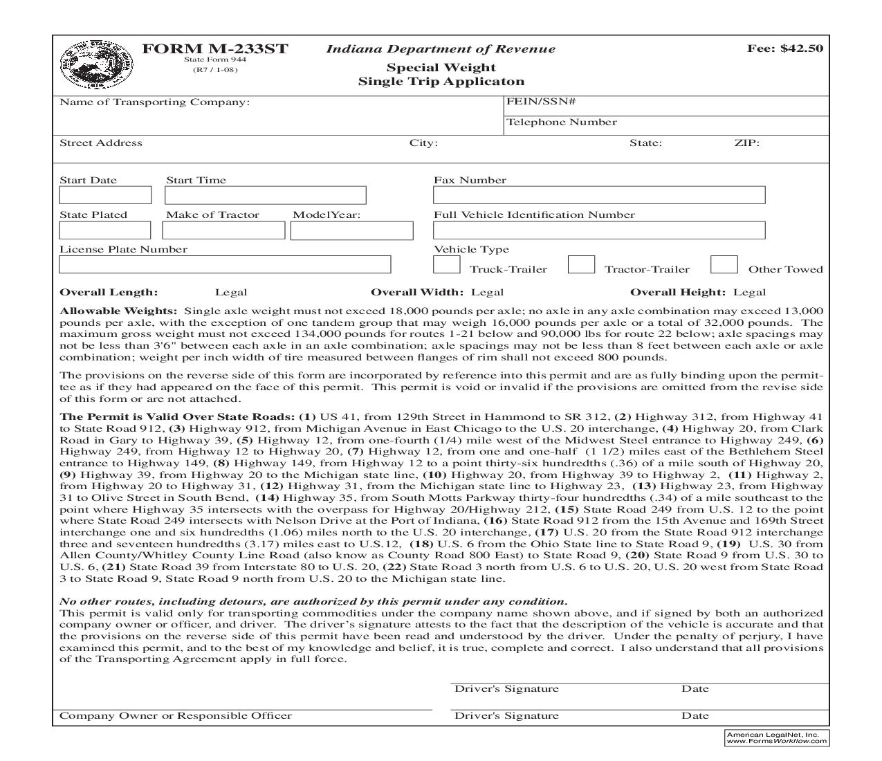 Special Weight Single Trip Permit {M-233ST} |  | Indiana