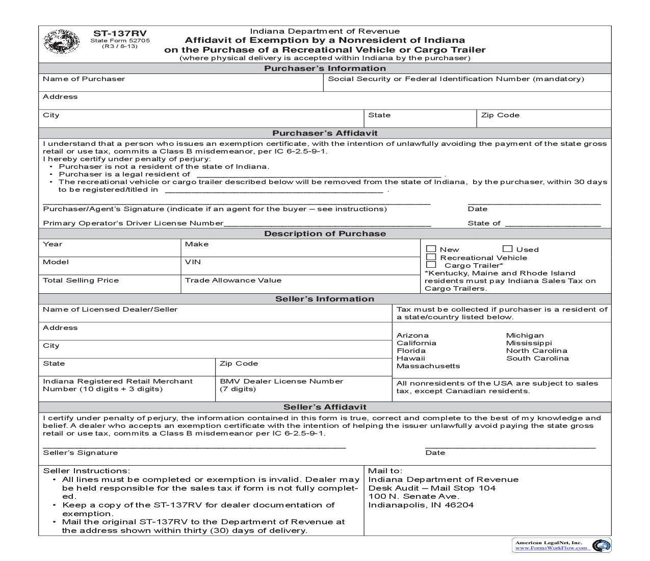 Affidavit Of Exemption By A Nonresident On The Purchase Of A Recreational Vehicle Cargo Trailer {ST-137 RV} |  | Indiana