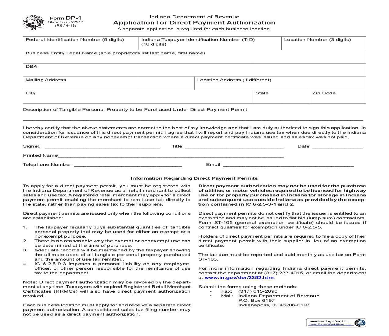 Application For Direct Payment Authorization {DP-1} |  | Indiana