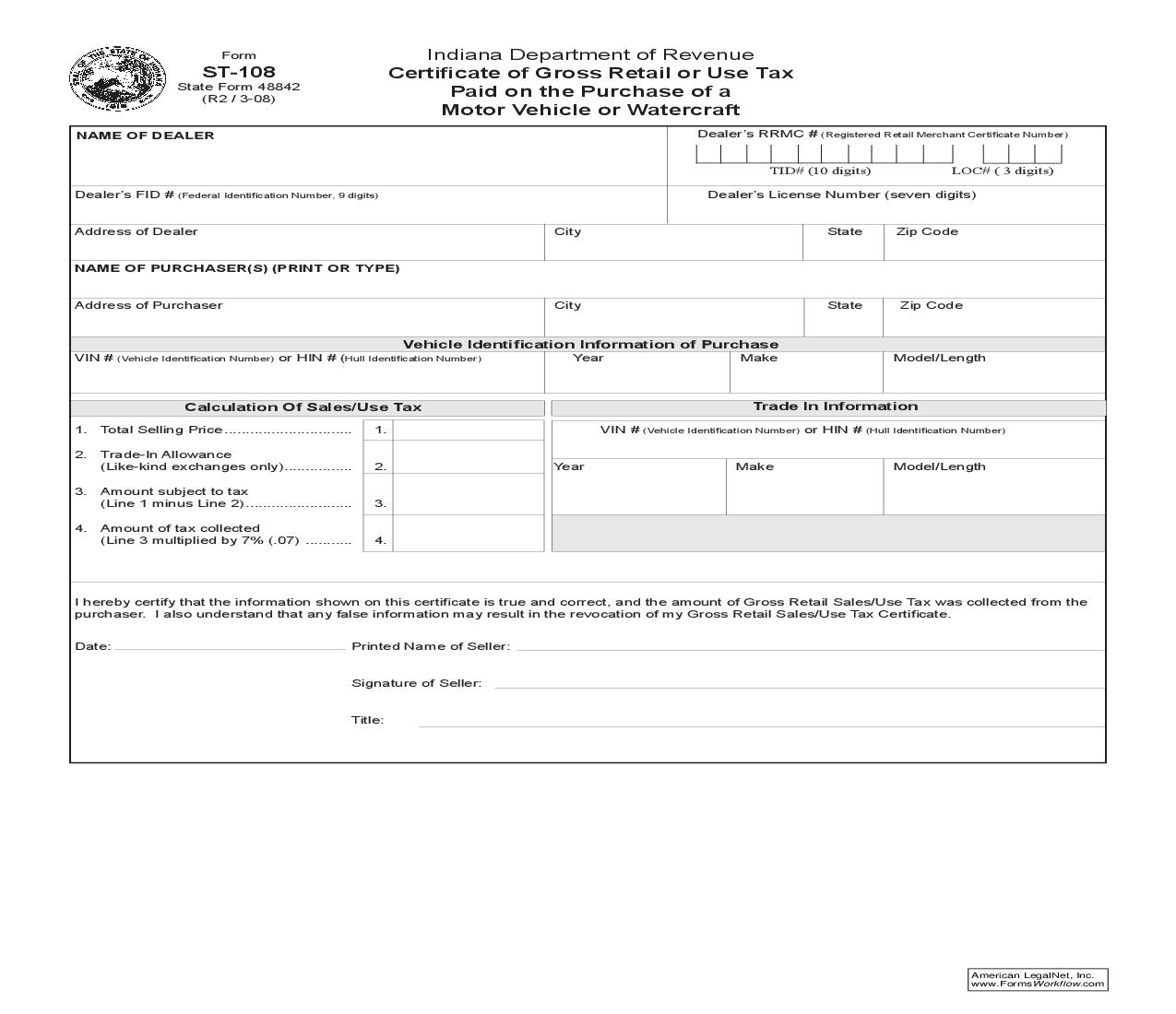 Certificate Of Gross Retail Or Use Tax (Motor Vehicle Or Watercraft) {ST-108} |  | Indiana