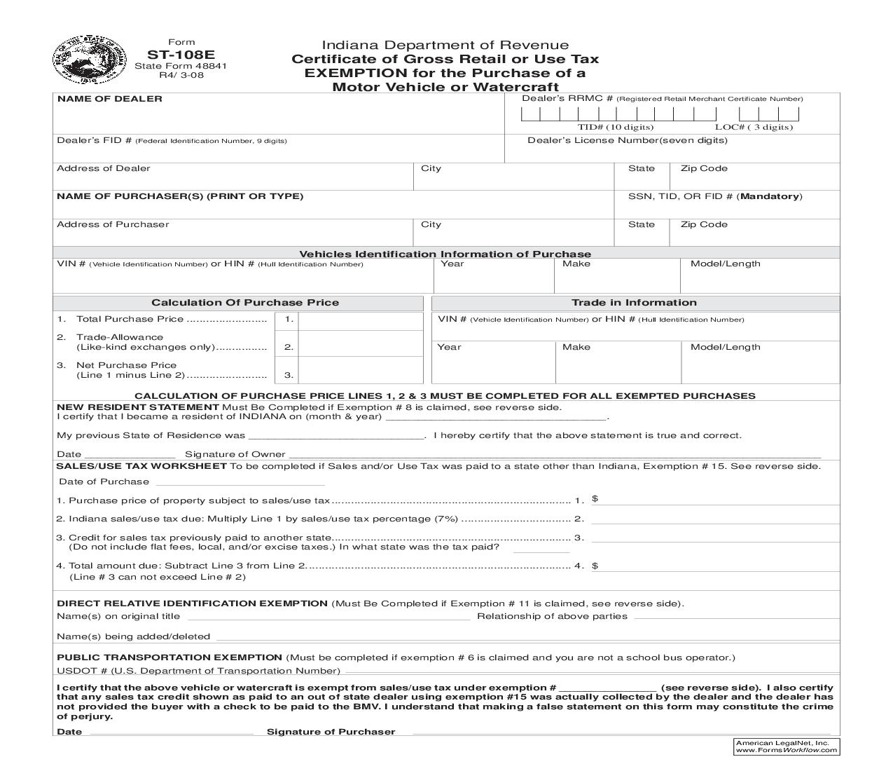Certificate Of Gross Retail Or Use Tax Exemption (Motor Vehicle Or Watercraft) {ST-108E} |  | Indiana