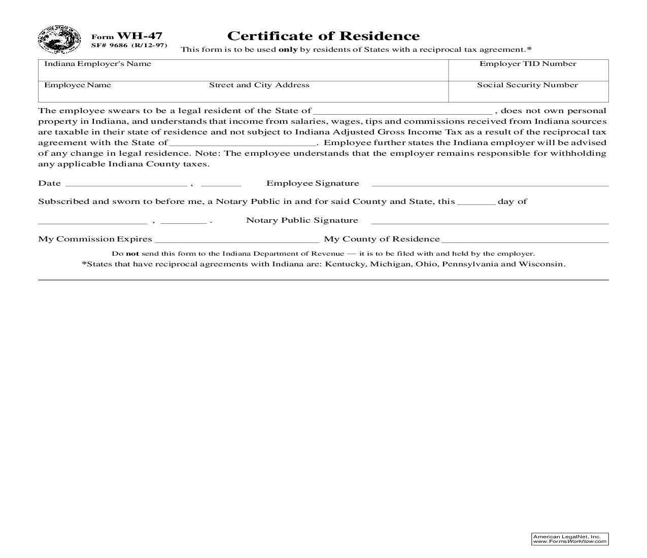 Certificate Of Residence {WH-47} |  | Indiana