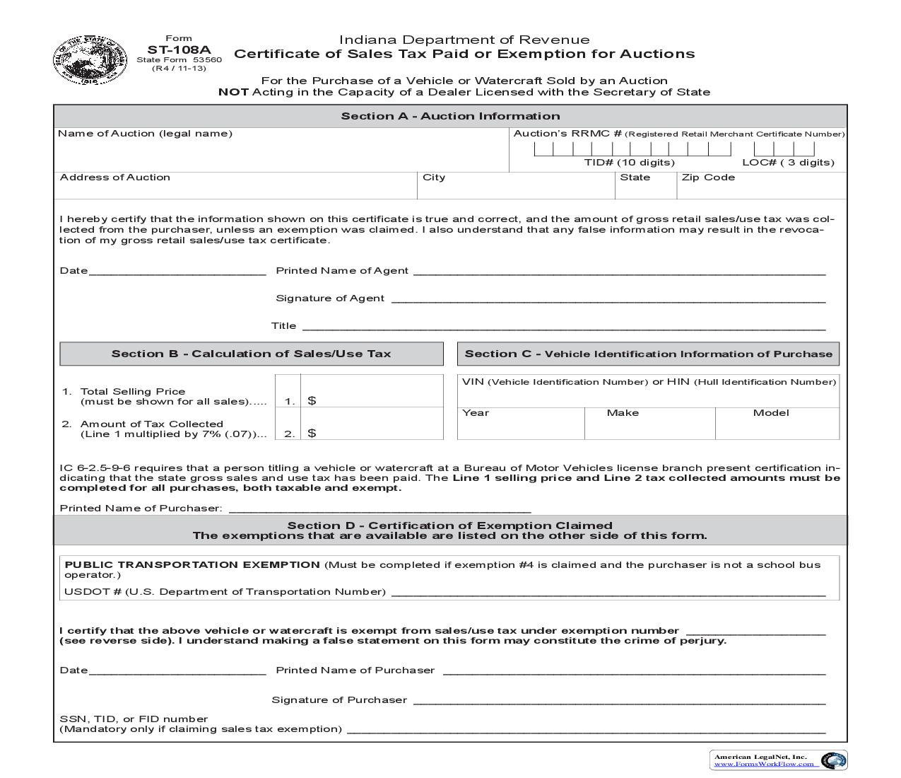 Certificate Of Sales Tax Paid Or Exemption For Auctions (Vehicle Or Watercraft) {ST-108A} |  | Indiana
