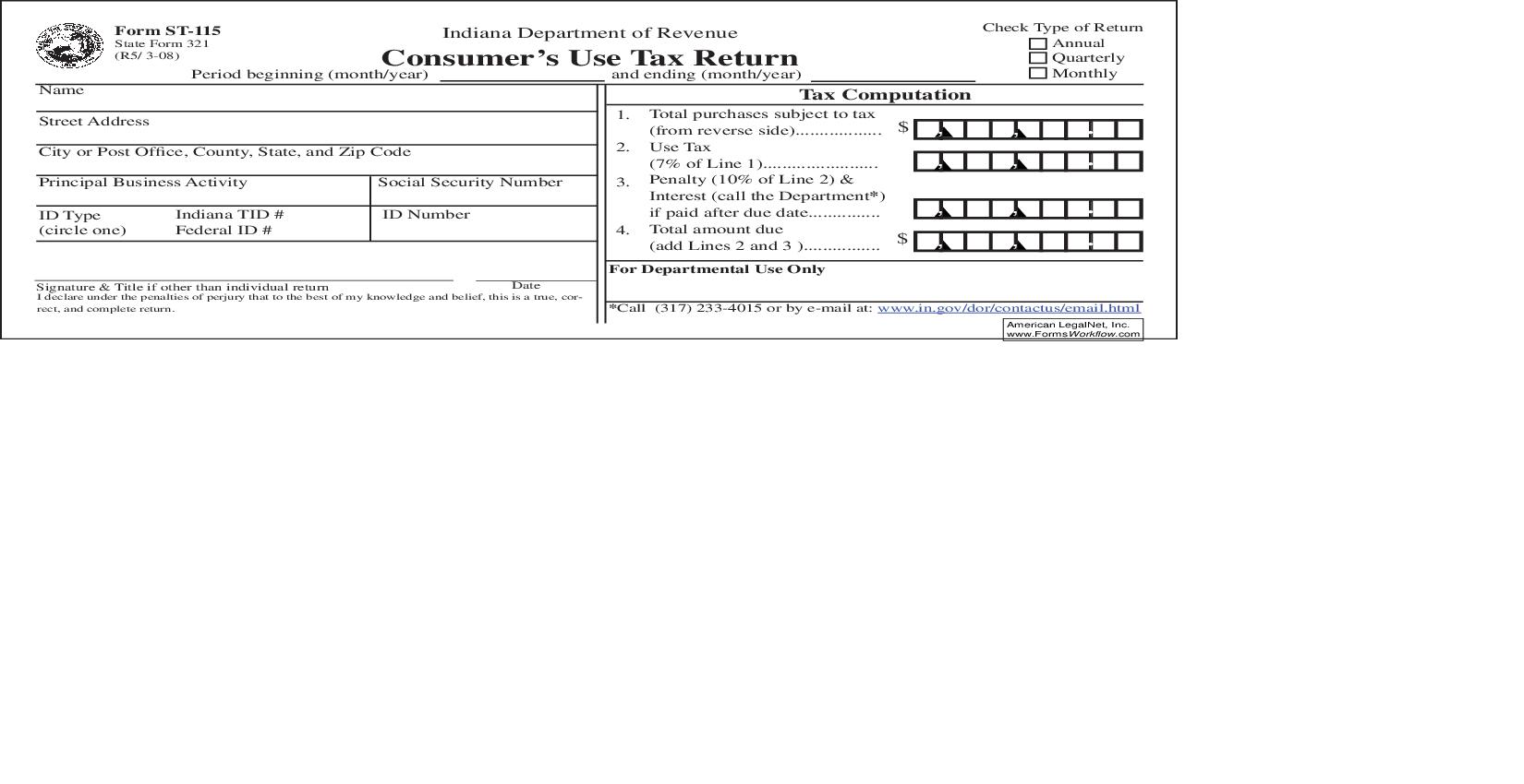 Consumers Use Tax Return {ST-115} |  | Indiana