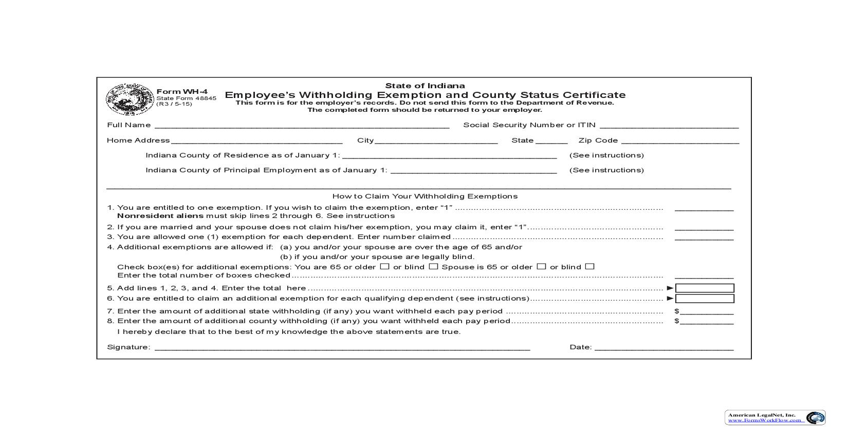 Employees Withholding Exemption And County Status Certicate {WH-4} |  | Indiana