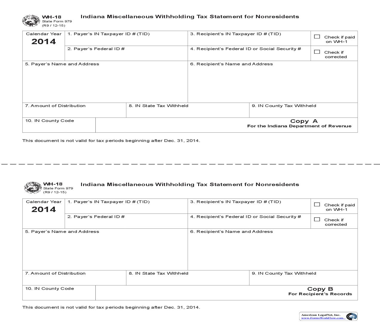 Indiana Miscellaneous Withholding Tax Statement For Nonresidents {WH-18} |  | Indiana