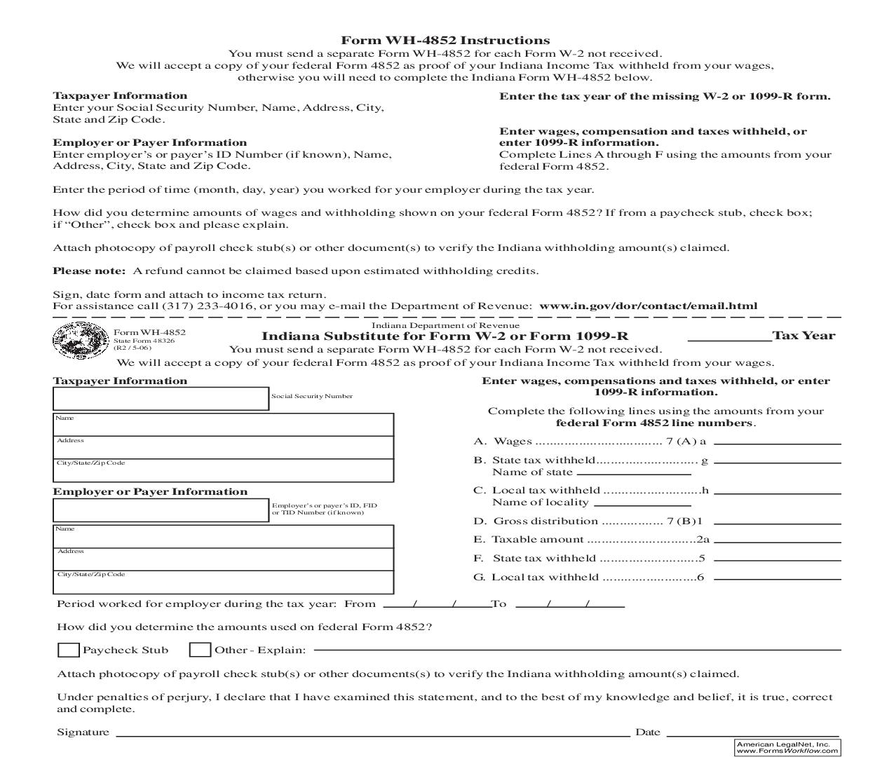 Indiana Substitute For Form W-2 Or Form 1099-R {WH-4852} |  | Indiana