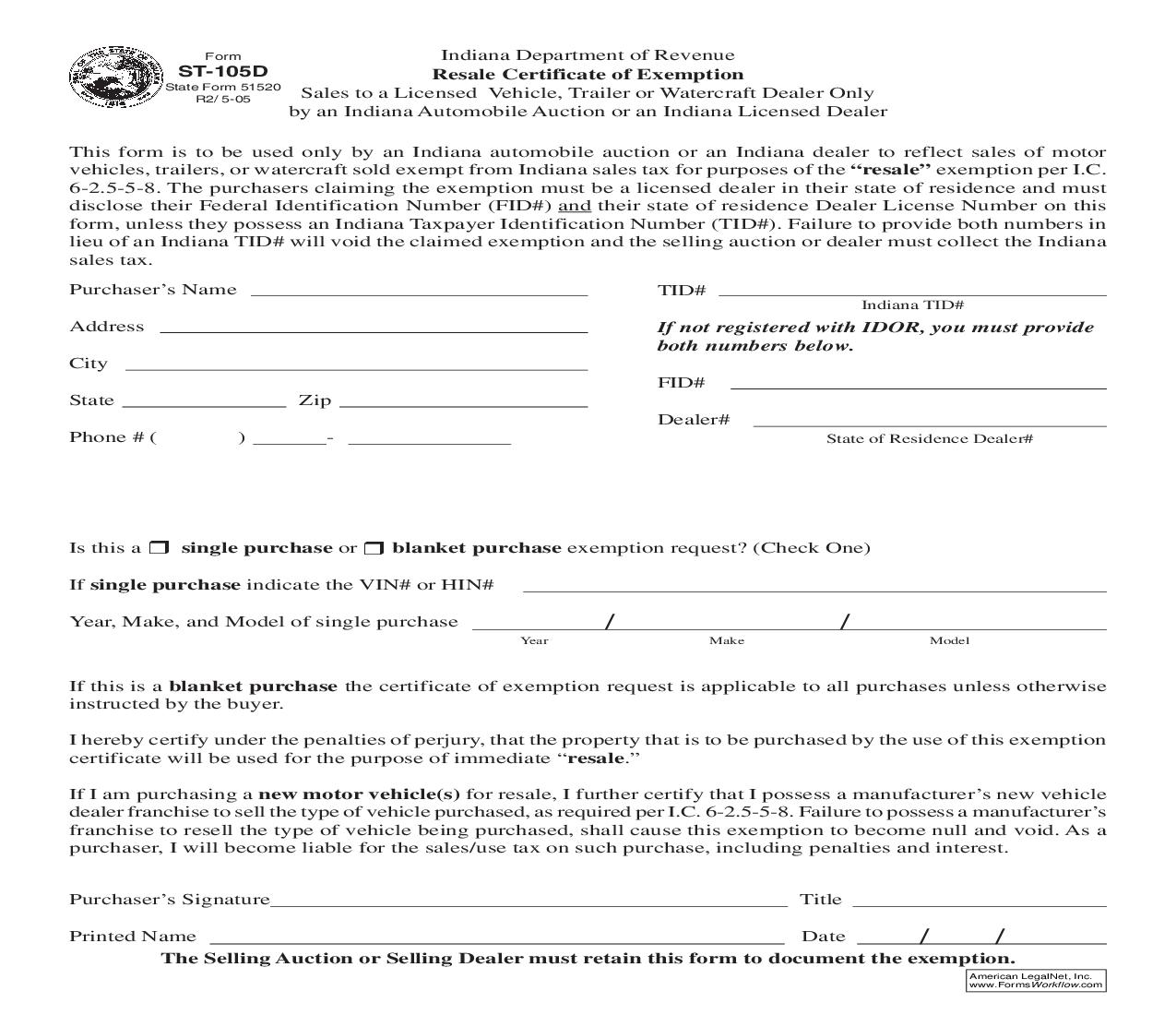 Resale Certificate Of Exemption {ST-105D} |  | Indiana