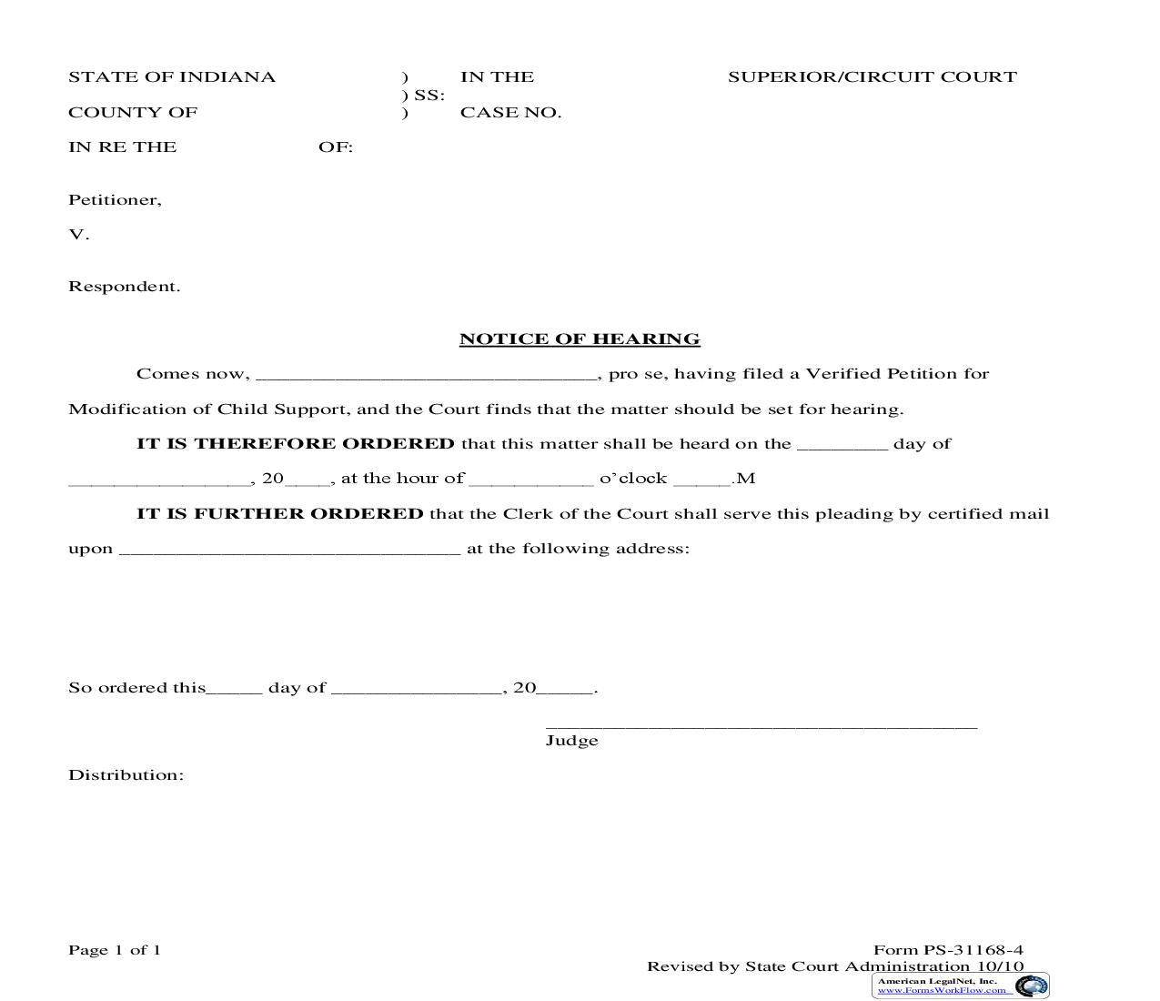 Notice Of Hearing (On Verified Petition For Modification Of Child Support) |  | Indiana