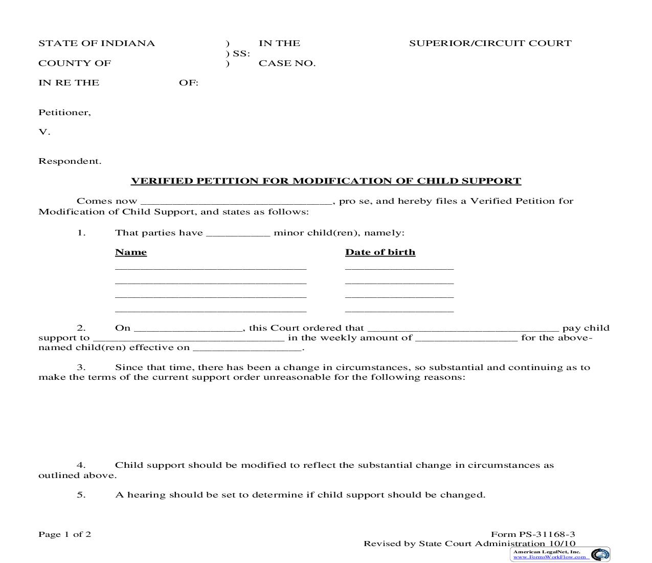 Verified Petition For Modification Of Child Support |  | Indiana