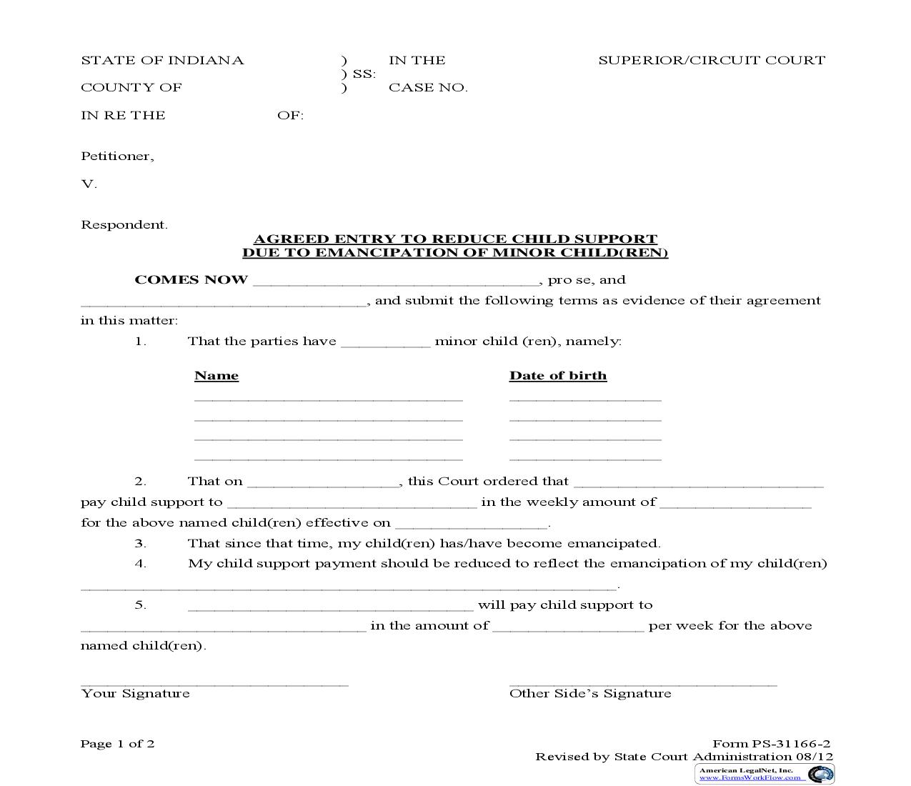 Agreed Entry To Reduce Child Support Due To Emancipation Of Minor Children |  | Indiana