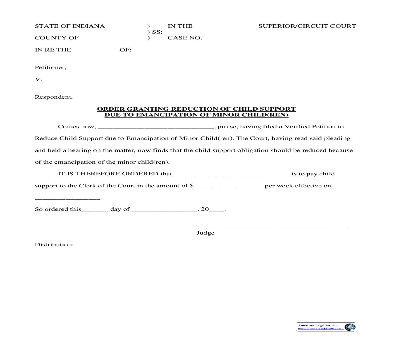 Order Granting Reduction Of Child Support Due To Emancipation Of Minor Children |  | Indiana
