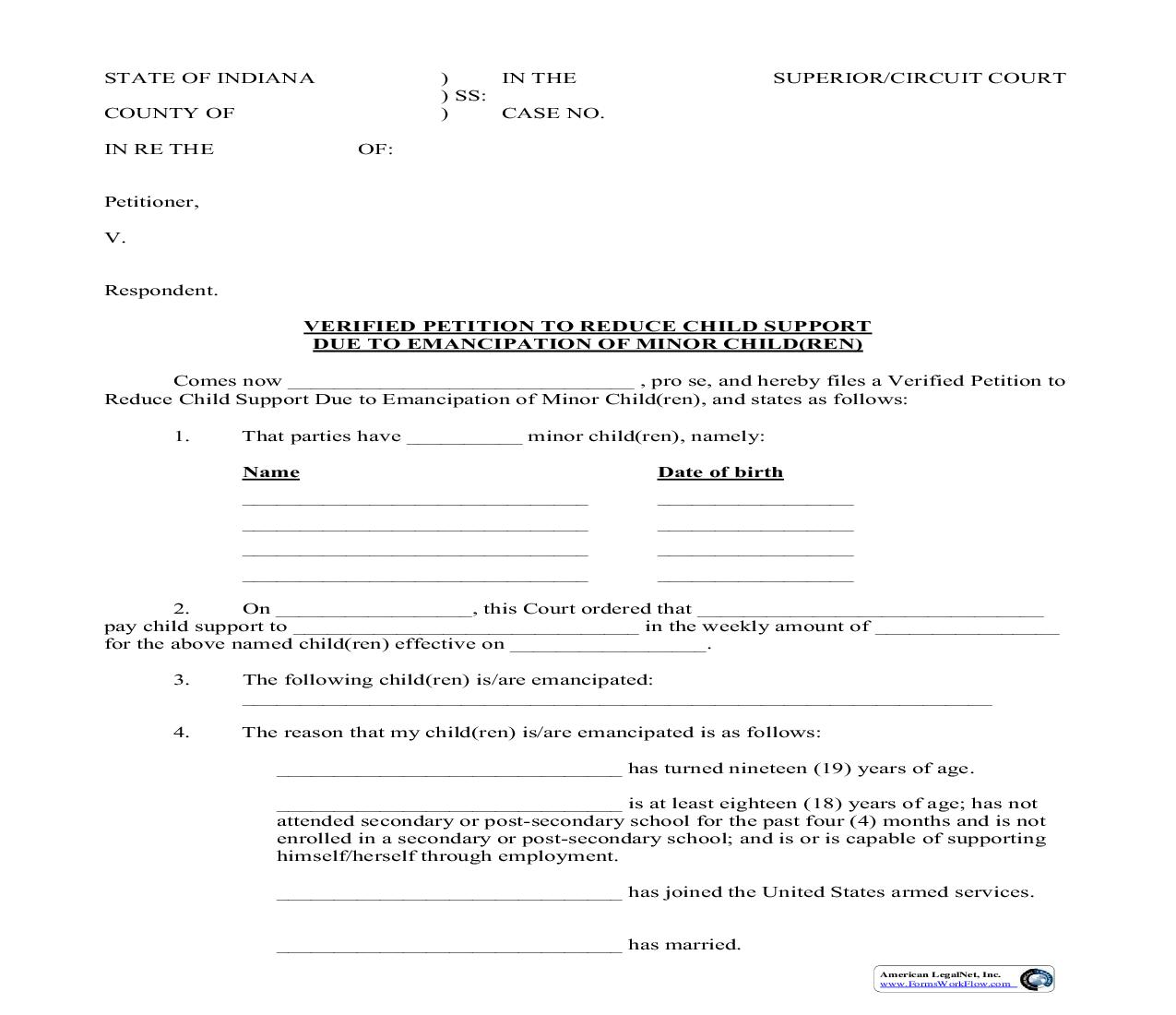 Verified Petition To Reduce Child Support Due To Emancipation Of Minor Children |  | Indiana
