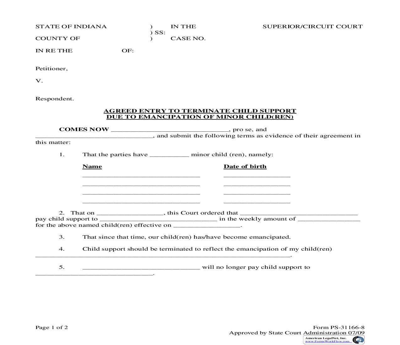 Agreed Entry To Terminate Child Support Due To Emancipation Of Minor Children |  | Indiana