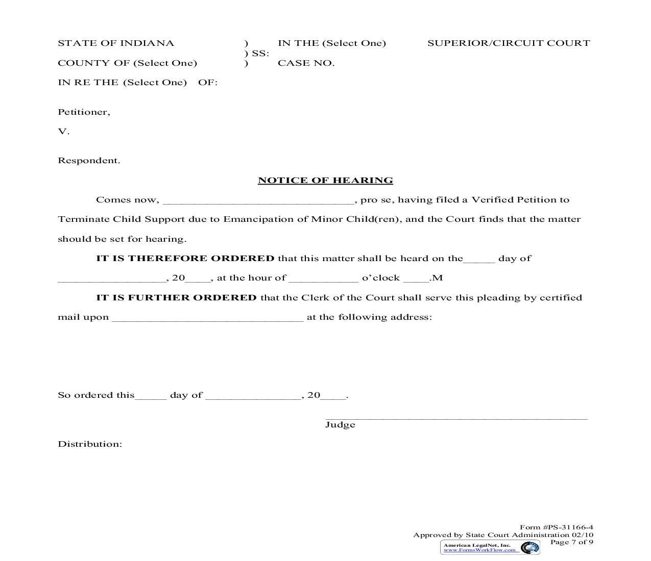 Notice Of Hearing (On Verified Petition To Terminate Child Support Due To Emancipation Of Minor Children) |  | Indiana