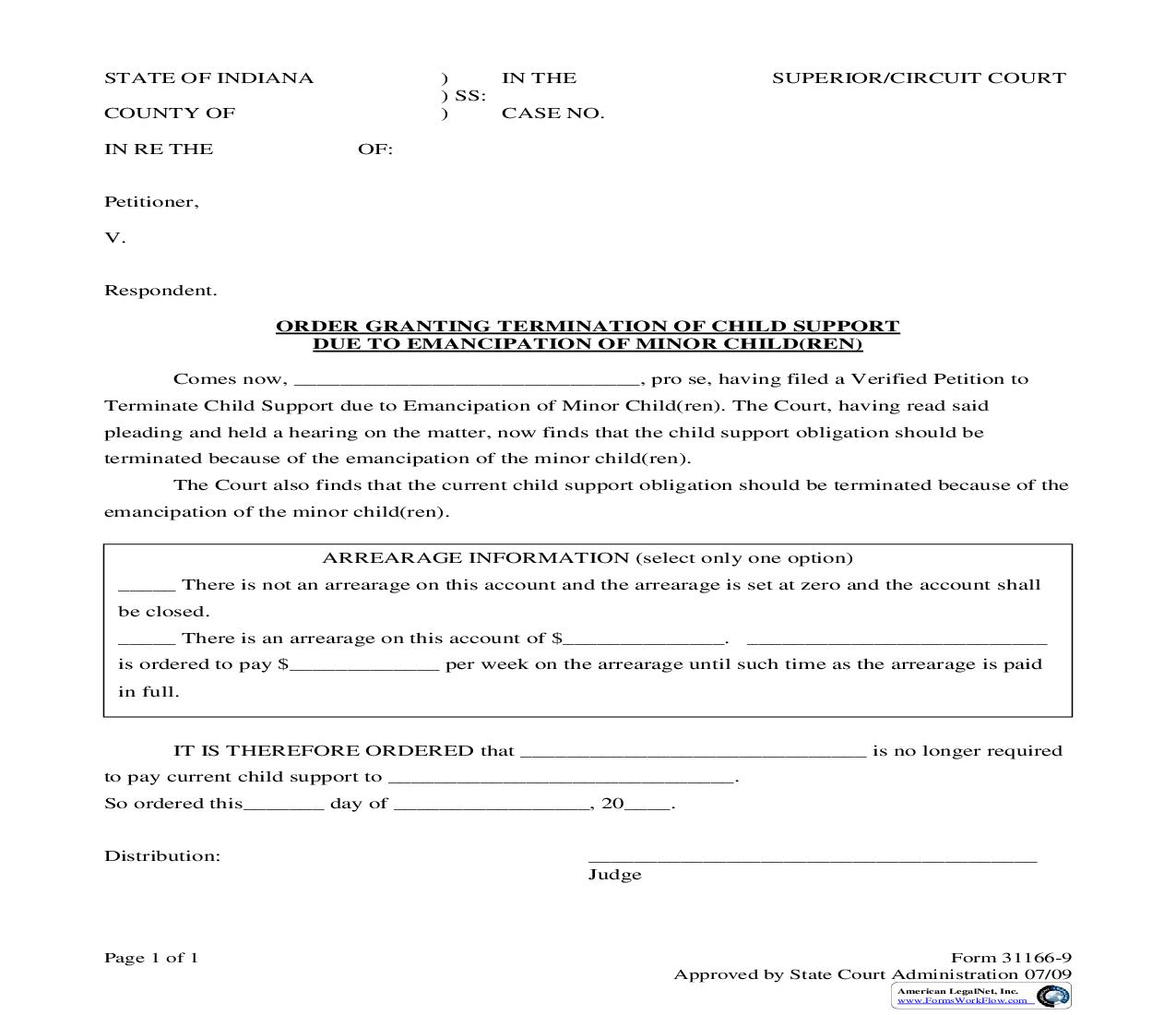 Order Granting Termination Of Child Support Due To Emancipation Of Children |  | Indiana