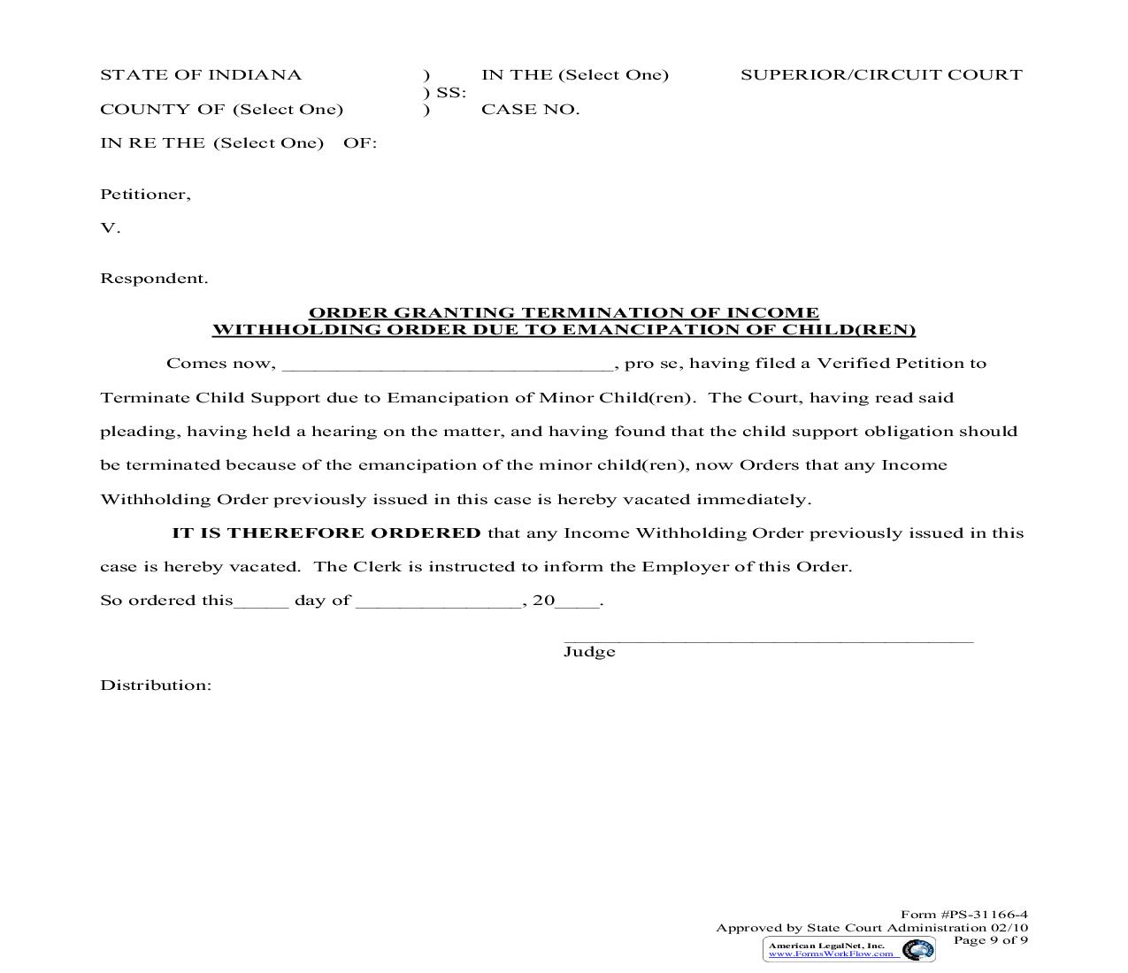 Order Granting Termination Of Income Withholding Order Due To Emancipation Of Children |  | Indiana