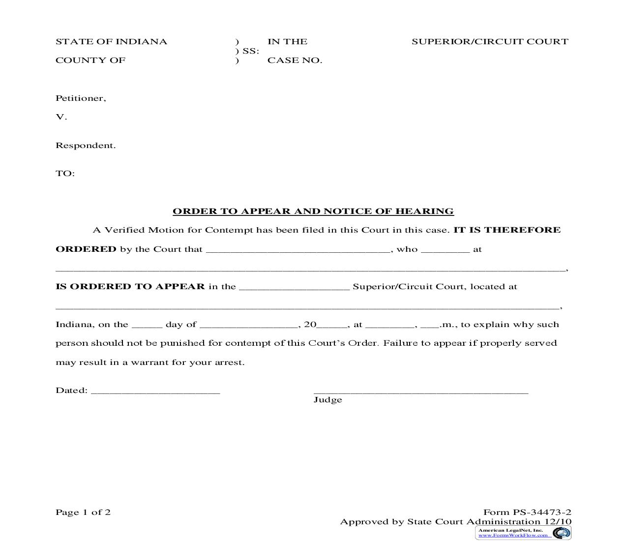 Order To Appear And Notice Of Hearing (On Verified Motion for Contempt) |  | Indiana