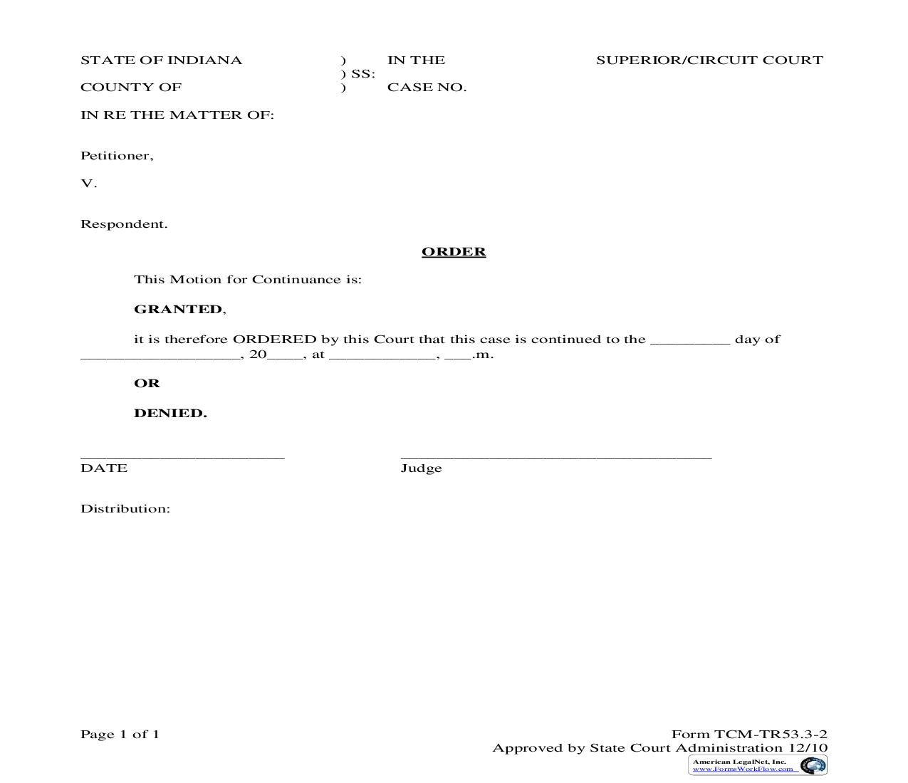 Order (On Motion For Continuance) |  | Indiana