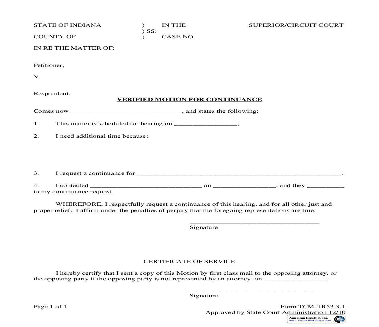 Verified Motion For Continuance |  | Indiana