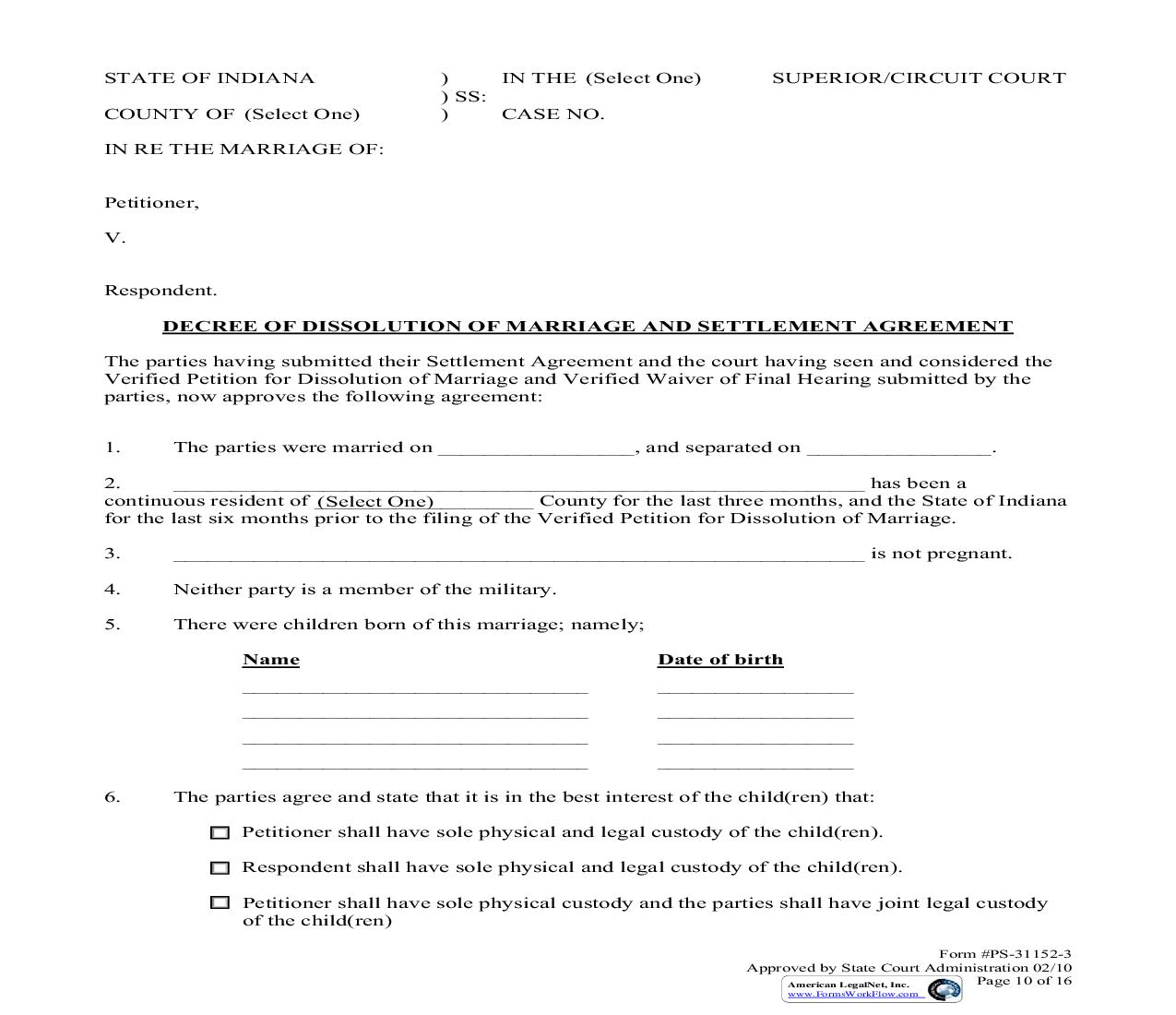 Decree Of Dissolution Of Marriage And Settlement Agreement | Pdf Fpdf Doc Docx | Indiana