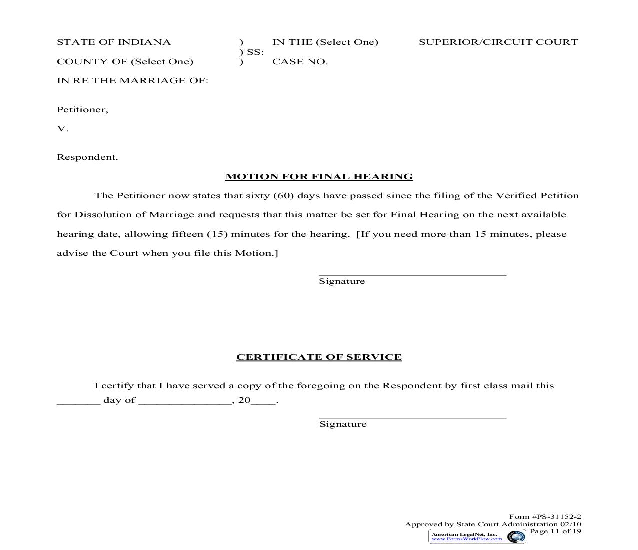 Motion For Final Hearing (On Verified Petition For Dissolution Of Marriage) | Pdf Fpdf Doc Docx | Indiana