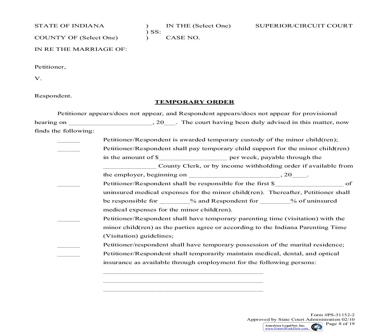 Temporary Order | Pdf Fpdf Doc Docx | Indiana