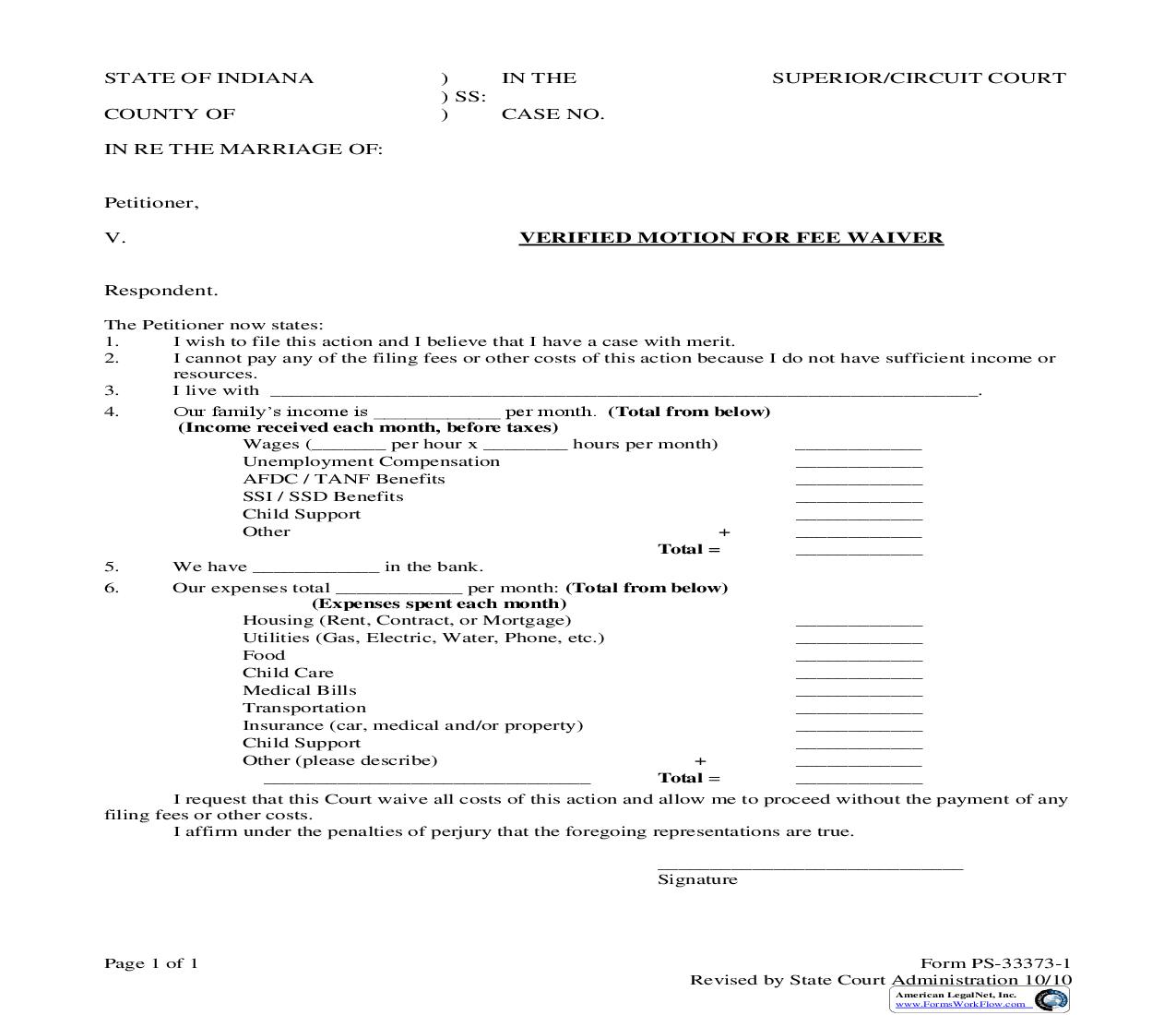 Verified Motion For Fee Waiver | Pdf Fpdf Doc Docx | Indiana