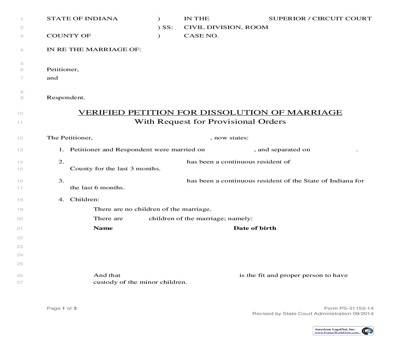 Verified Petition For Dissolution Of Marriage With Request For Provisional Orders | Pdf Fpdf Doc Docx | Indiana