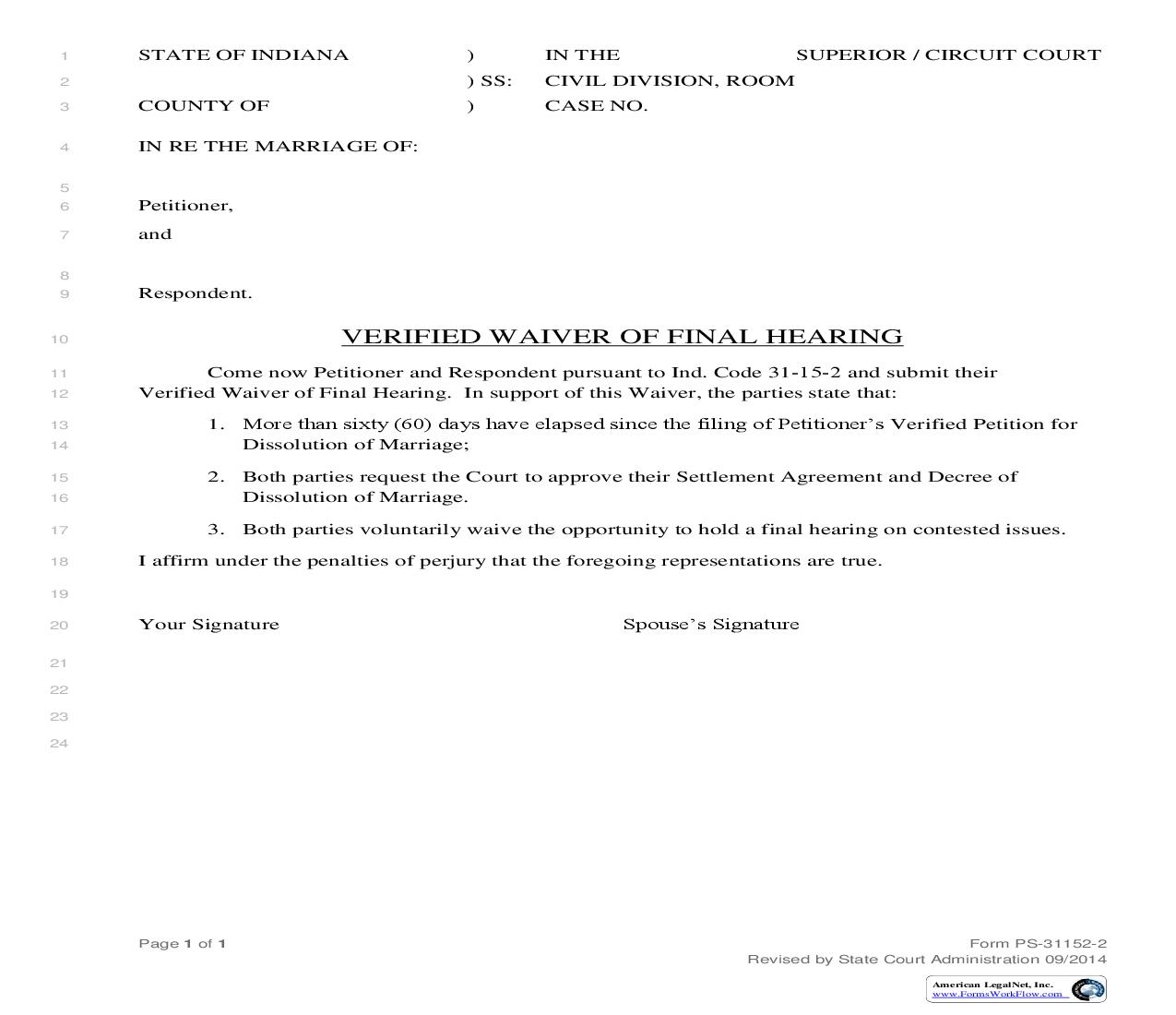 Verified Waiver Of Final Hearing | Pdf Fpdf Doc Docx | Indiana