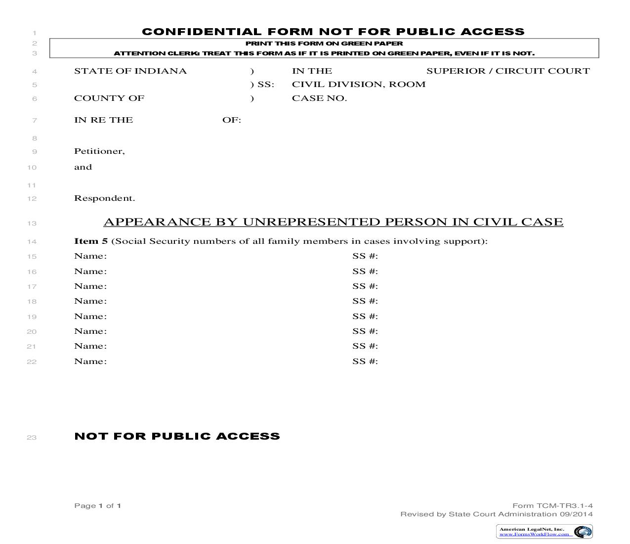 Appearance By Self Represented Person In A Civil Case (Confidential) | Pdf Fpdf Doc Docx | Indiana