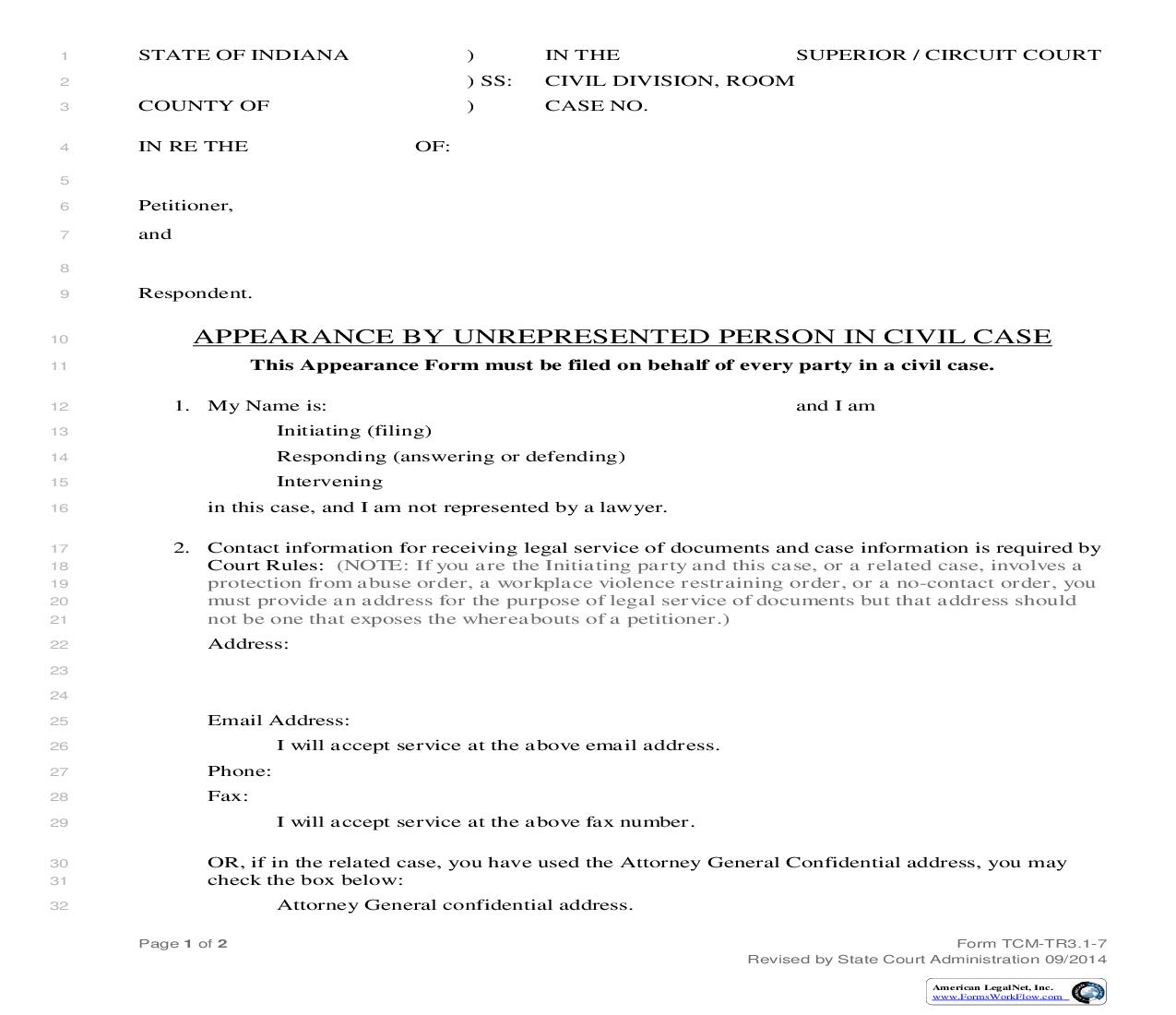 Appearance By Self Represented Person In A Civil Case |  | Indiana