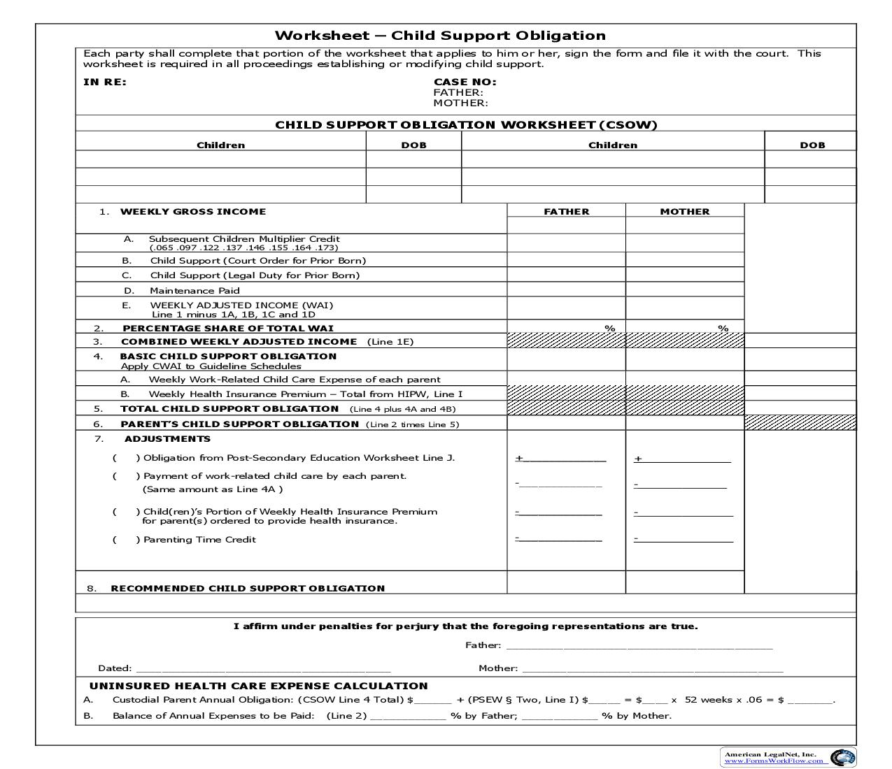 Child Support Obligation Worksheet |  | Indiana
