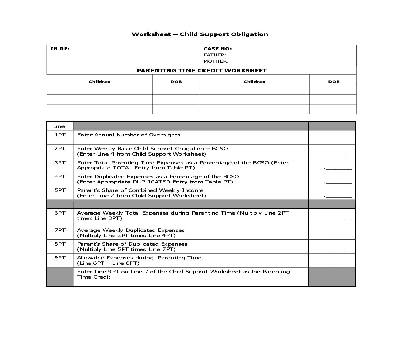 Parenting Time Credit Worksheet |  | Indiana