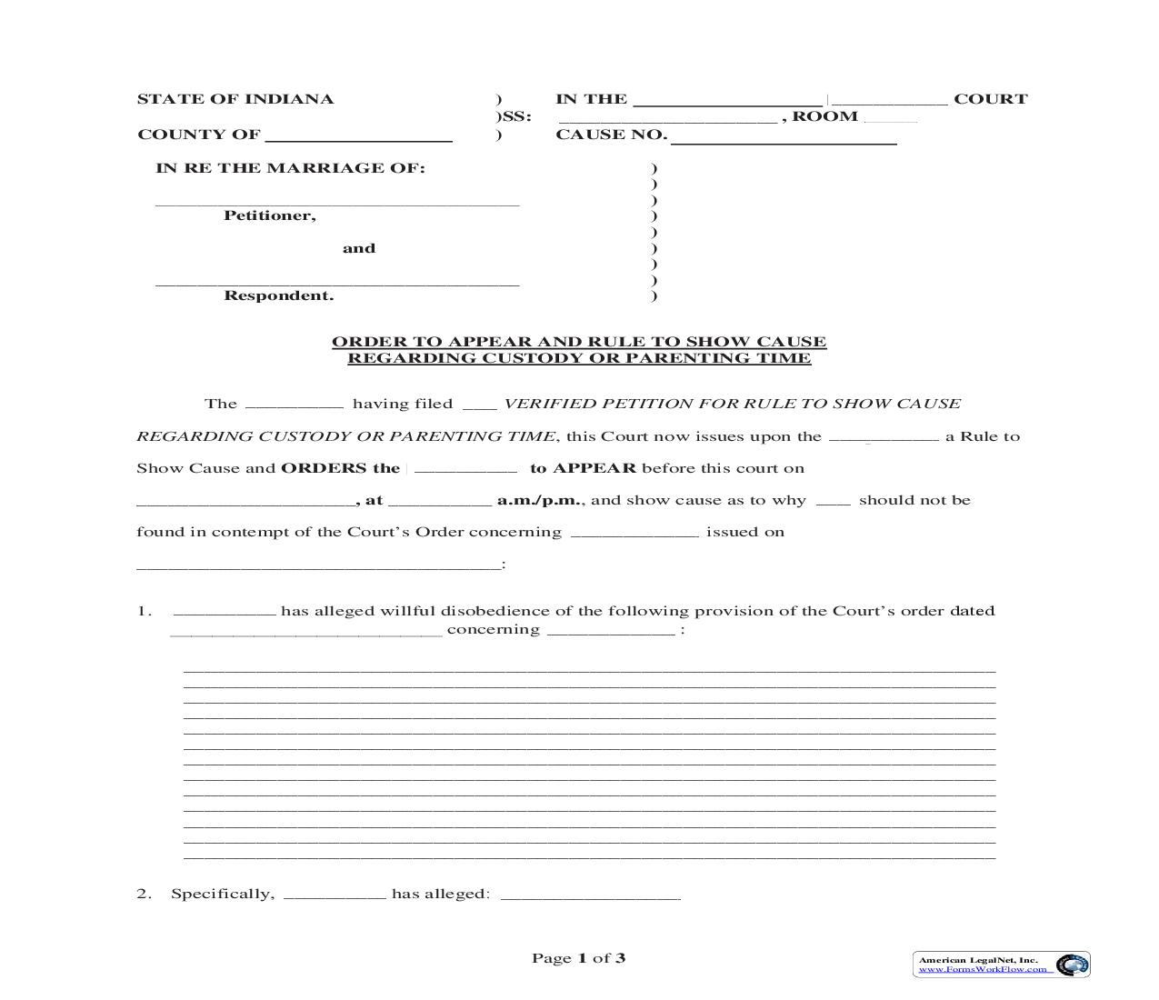 Order To Appear And Rule To Show Cause Regarding Custody Or Parenting Time | Pdf Fpdf Doc Docx | Indiana