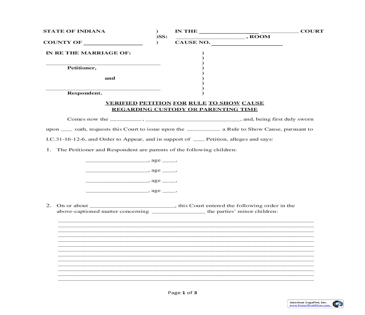 Verified Petition For Rule To Show Cause Regarding Custody Or Parenting Time | Pdf Fpdf Doc Docx | Indiana
