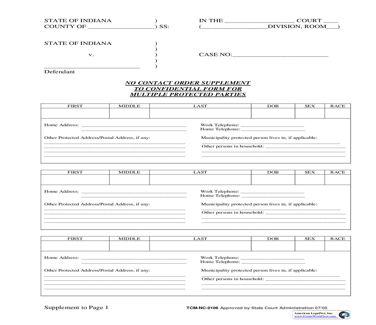 No Contact Order - Supplement To Confidential Form For Multiple Protected Parties {NC-0106} | Pdf Fpdf Doc Docx | Indiana