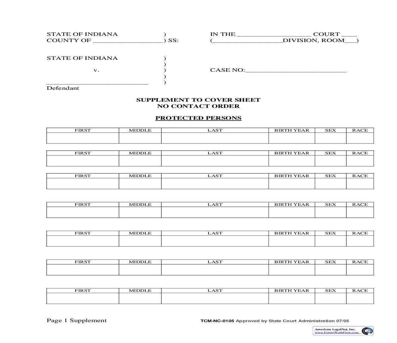 No Contact Order - Supplement To Cover Sheet, Protected Persons {NC-0105} | Pdf Fpdf Doc Docx | Indiana