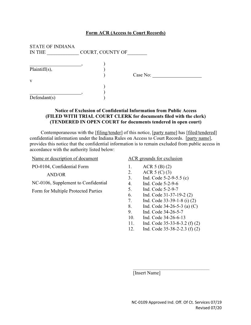 Notice Of Exclusion Of Confidential Information From Public Access (Form ACR) {NC-0109} | Pdf Fpdf Docx | Indiana