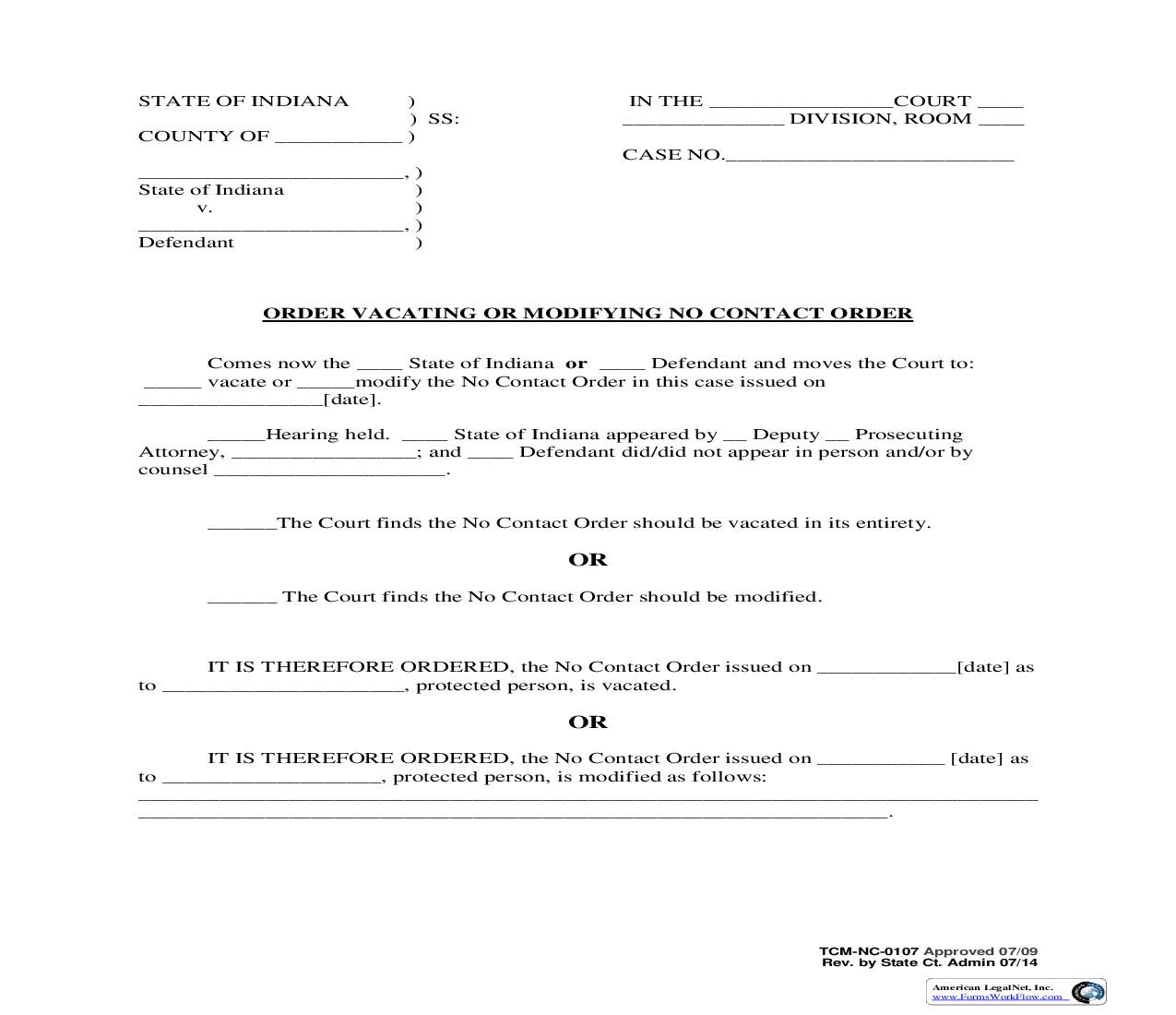 Order Vacating Or Modifying No Contact Order {NC-0107} | Pdf Fpdf Doc Docx | Indiana