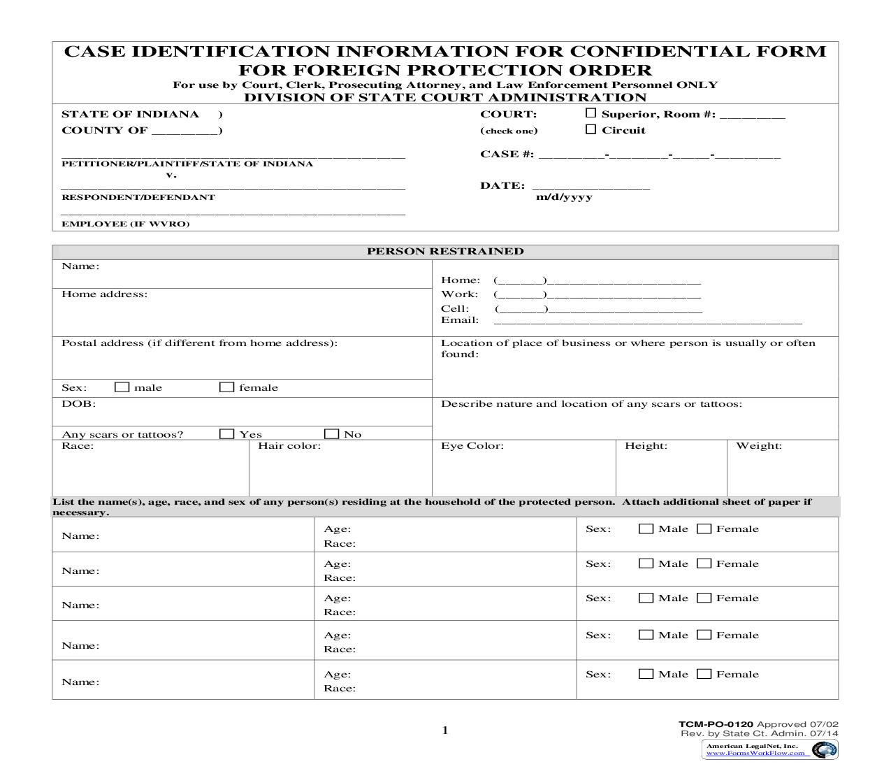 Case Identification Information For Confidential  Form For Foreign Protection Order {PO-0120} | Pdf Fpdf Doc Docx | Indiana