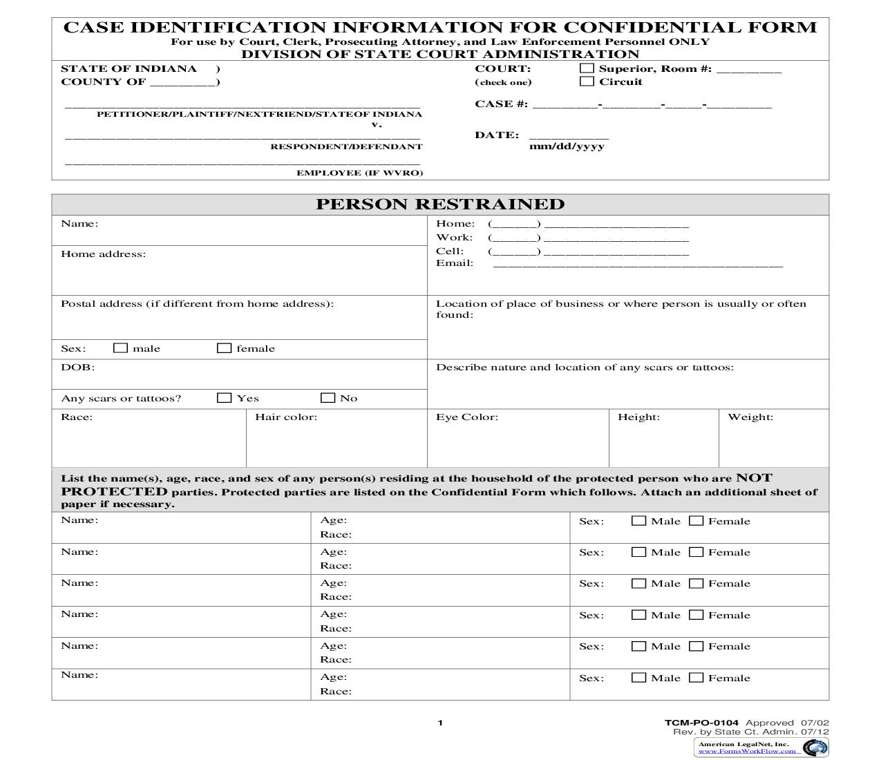 Case Identification Information For Confidential Form {PO-0104} | Pdf Fpdf Doc Docx | Indiana