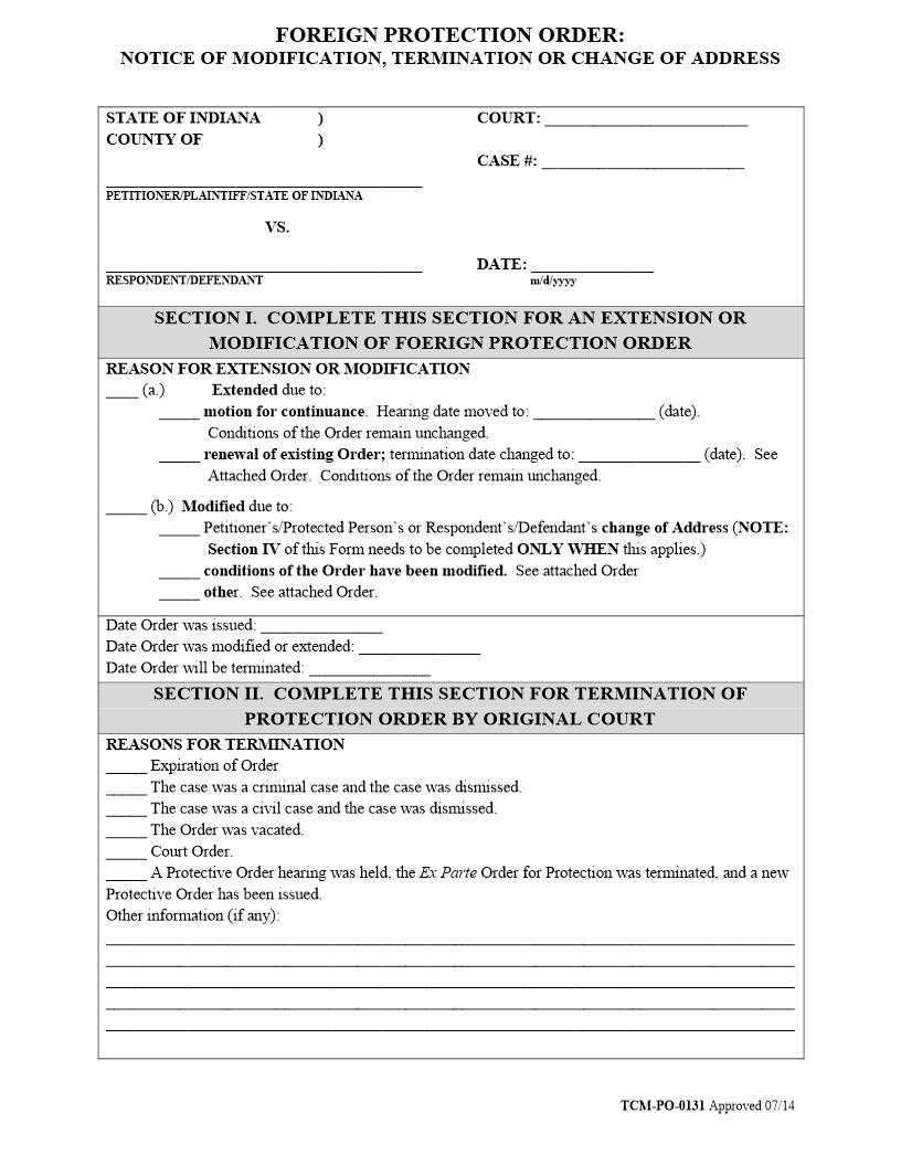 Foreign Protection Order Notice Of Modification Termination Change Of Address {PO-0131} | Pdf Fpdf Docx | Indiana