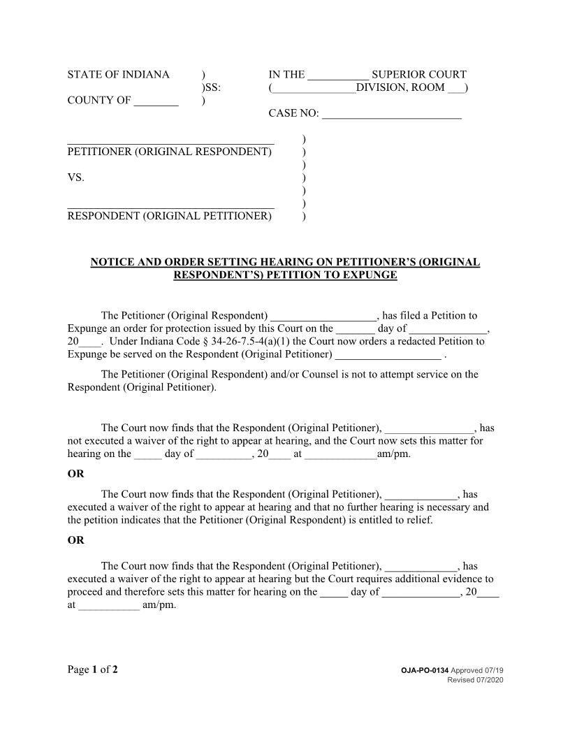 Notice And Order Setting Hearing On Petition To Expunge {PO-0134} | Pdf Fpdf Docx | Indiana